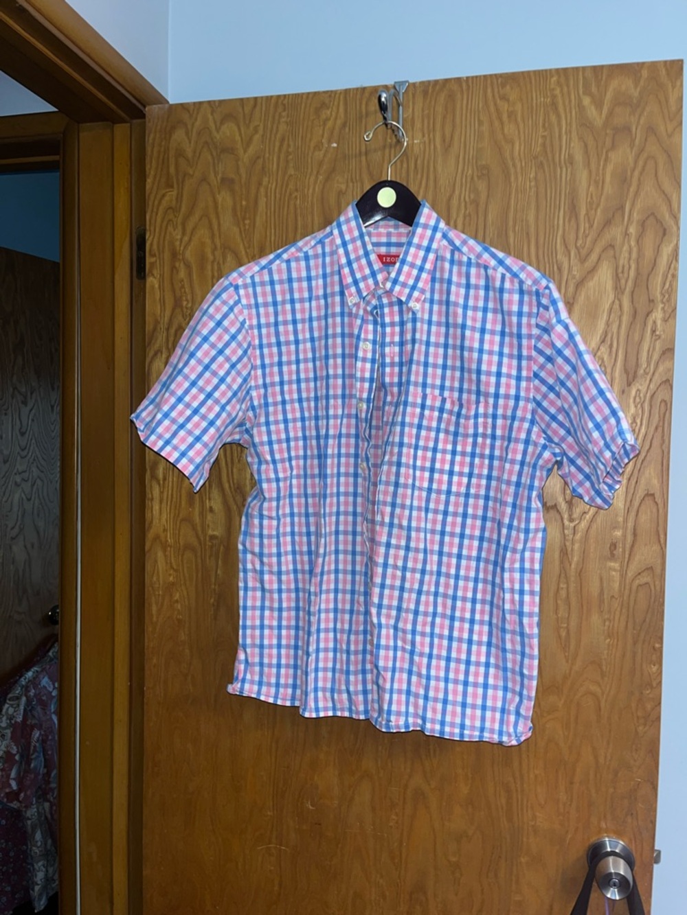 Izod Short-Sleeve Button-Down Shirt in Pink and Blue Plaid